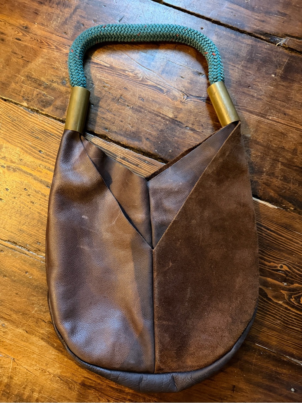 WILDWOOD OYSTER CO Brown Leather and Suede Shoulder Bag Seaside Teal Dock Rope - Picture 6 of 11